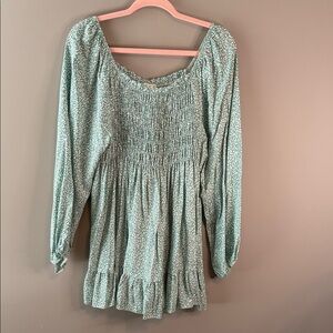 Lovely Melody NWOT Green Leopard Tunic Long Sleeve XL Ruffled Babydoll‎ Smocked